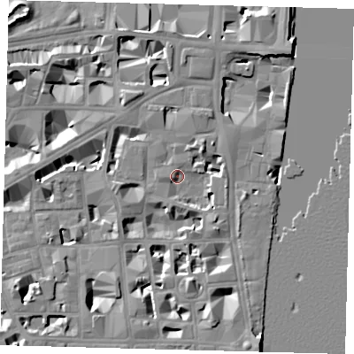 Shaded relief map of the ground around SW1P3PJ, computed from Environment Agency LiDAR. The ground here sits at about 3 m above sea level and falls 10 m across the surrounding 800 m. Surface water reaching this point runs off ground lying to the north-east, 5.2 m higher.