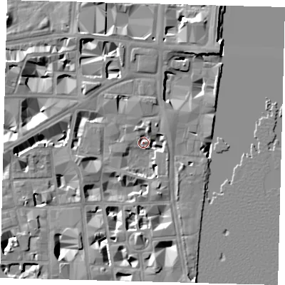 Shaded relief map of the ground around SW1P3PL, computed from Environment Agency LiDAR. The ground here sits at about 4 m above sea level and falls 10 m across the surrounding 800 m. Surface water reaching this point runs off ground lying to the north-north-east, 5.2 m higher.