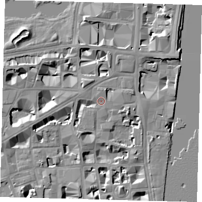 Shaded relief map of the ground around SW1P3PP, computed from Environment Agency LiDAR. The ground here sits at about 4 m above sea level and falls 10 m across the surrounding 800 m. Surface water reaching this point runs off ground lying to the north-west, 3.9 m higher.