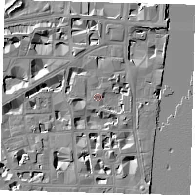 Shaded relief map of the ground around SW1P3PQ, computed from Environment Agency LiDAR. The ground here sits at about 4 m above sea level and falls 10 m across the surrounding 800 m. Surface water reaching this point runs off ground lying to the north-east, 5.2 m higher.