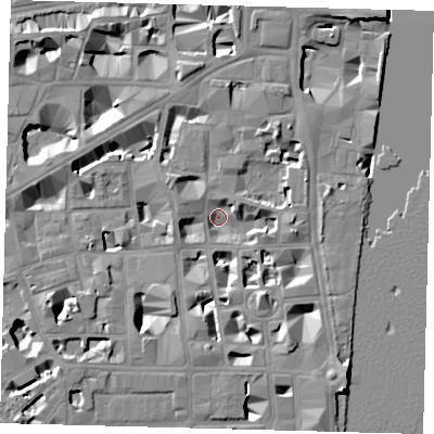 Shaded relief map of the ground around SW1P3QB, computed from Environment Agency LiDAR. The ground here sits at about 2 m above sea level and falls 10 m across the surrounding 800 m. Surface water reaching this point runs off ground lying to the south-east, 8.9 m higher.