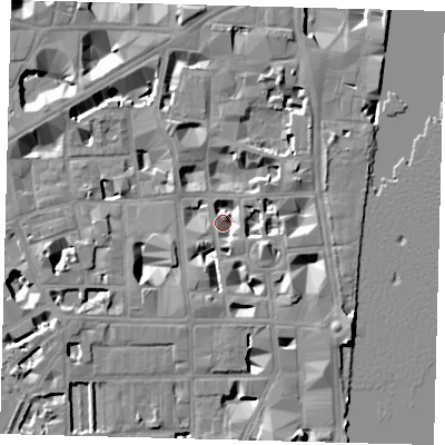Shaded relief map of the ground around SW1P3QH, computed from Environment Agency LiDAR. The ground here sits at about 3 m above sea level and falls 9 m across the surrounding 800 m. Surface water reaching this point runs off ground lying to the south-east, 7.5 m higher.