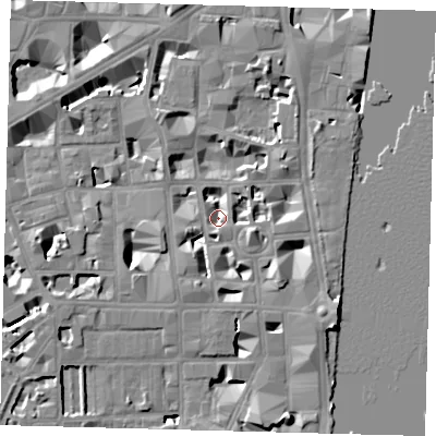 Shaded relief map of the ground around SW1P3QL, computed from Environment Agency LiDAR. The ground here sits at about 2 m above sea level and falls 9 m across the surrounding 800 m. Surface water reaching this point runs off ground lying to the south, 4.4 m higher.