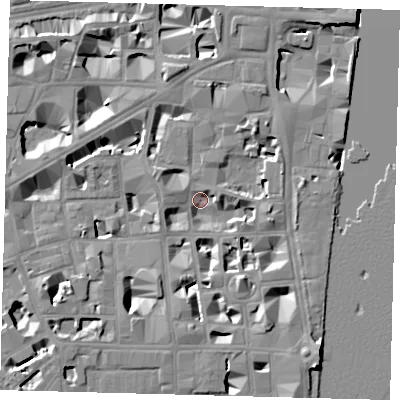 Shaded relief map of the ground around SW1P3QN, computed from Environment Agency LiDAR. The ground here sits at about 3 m above sea level and falls 10 m across the surrounding 800 m. Surface water reaching this point runs off ground lying to the south-east, 8.9 m higher.