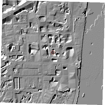 Shaded relief map of the ground around SW1P3QS, computed from Environment Agency LiDAR. The ground here sits at about 4 m above sea level and falls 9 m across the surrounding 800 m. Surface water reaching this point runs off ground lying to the east-south-east, 6.0 m higher.