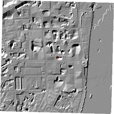 Shaded relief map of the ground around SW1P3QX, computed from Environment Agency LiDAR. The ground here sits at about 4 m above sea level and falls 9 m across the surrounding 800 m. Surface water reaching this point runs off ground lying to the east, 6.2 m higher.