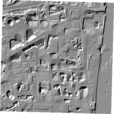 Shaded relief map of the ground around SW1P3QY, computed from Environment Agency LiDAR. The ground here sits at about 4 m above sea level and falls 10 m across the surrounding 800 m. Surface water reaching this point runs off ground lying to the north-east, 5.2 m higher.