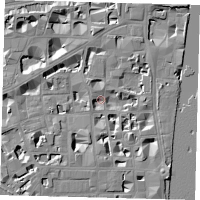 Shaded relief map of the ground around SW1P3QZ, computed from Environment Agency LiDAR. The ground here sits at about 3 m above sea level and falls 10 m across the surrounding 800 m. Surface water reaching this point runs off ground lying to the south-east, 8.9 m higher.