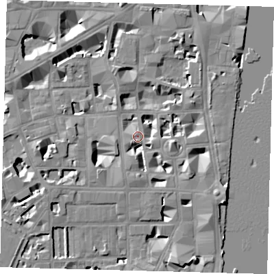 Shaded relief map of the ground around SW1P3RA, computed from Environment Agency LiDAR. The ground here sits at about 4 m above sea level and falls 9 m across the surrounding 800 m. Surface water reaching this point runs off ground lying to the east-south-east, 7.5 m higher.