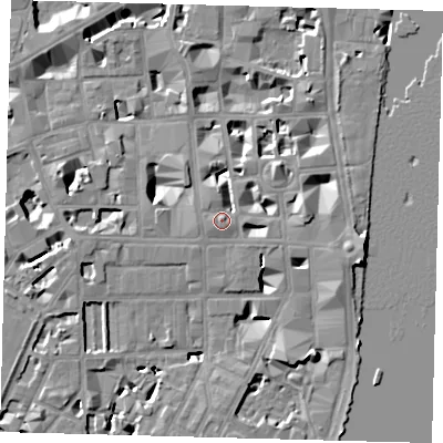 Shaded relief map of the ground around SW1P3RD, computed from Environment Agency LiDAR. The ground here sits at about 5 m above sea level and falls 9 m across the surrounding 800 m. Surface water reaching this point runs off ground lying to the east, 6.2 m higher.