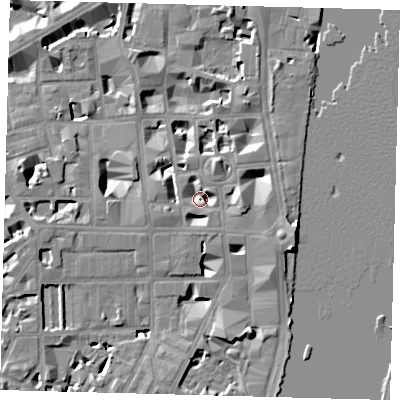 Shaded relief map of the ground around SW1P3RE, computed from Environment Agency LiDAR. The ground here sits at about 4 m above sea level and falls 9 m across the surrounding 800 m. Surface water reaching this point runs off ground lying to the east-south-east, 6.0 m higher.