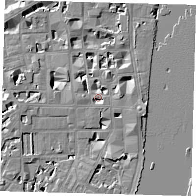 Shaded relief map of the ground around SW1P3RF, computed from Environment Agency LiDAR. The ground here sits at about 4 m above sea level and falls 9 m across the surrounding 800 m. Surface water reaching this point runs off ground lying to the east-south-east, 6.0 m higher.