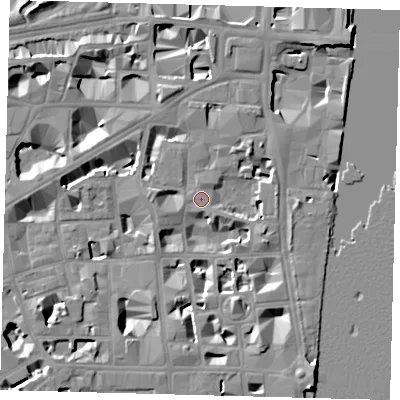Shaded relief map of the ground around SW1P3RT, computed from Environment Agency LiDAR. The ground here sits at about 4 m above sea level and falls 10 m across the surrounding 800 m. Surface water reaching this point runs off ground lying to the north-east, 5.2 m higher.