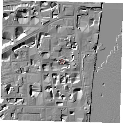 Shaded relief map of the ground around SW1P3RX, computed from Environment Agency LiDAR. The ground here sits at about 4 m above sea level and falls 10 m across the surrounding 800 m. Surface water reaching this point runs off ground lying to the south-south-east, 7.5 m higher.