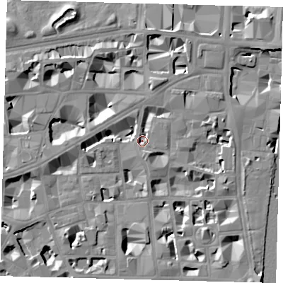 Shaded relief map of the ground around SW1P3SE, computed from Environment Agency LiDAR. The ground here sits at about 3 m above sea level and falls 10 m across the surrounding 800 m. Surface water reaching this point runs off ground lying to the south-south-east, 3.1 m higher.
