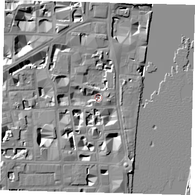 Shaded relief map of the ground around SW1P3SH, computed from Environment Agency LiDAR. The ground here sits at about 2 m above sea level and falls 10 m across the surrounding 800 m. Surface water reaching this point runs off ground lying to the south-south-east, 7.5 m higher.