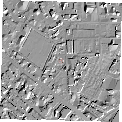 Shaded relief map of the ground around SW1P4AA, computed from Environment Agency LiDAR. The ground here sits at about 4 m above sea level and falls 9 m across the surrounding 800 m. Surface water reaching this point runs off ground lying to the south-south-west, 0.9 m higher.