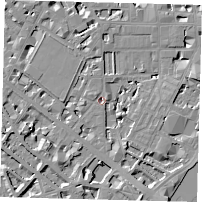 Shaded relief map of the ground around SW1P4AD, computed from Environment Agency LiDAR. The ground here sits at about 2 m above sea level and falls 10 m across the surrounding 800 m. Surface water reaching this point runs off ground lying to the south-south-east, 9.5 m higher.