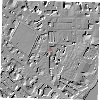 Shaded relief map of the ground around SW1P4AE, computed from Environment Agency LiDAR. The ground here sits at about 4 m above sea level and falls 9 m across the surrounding 800 m. Surface water reaching this point runs off ground lying to the south-west, 8.5 m higher.