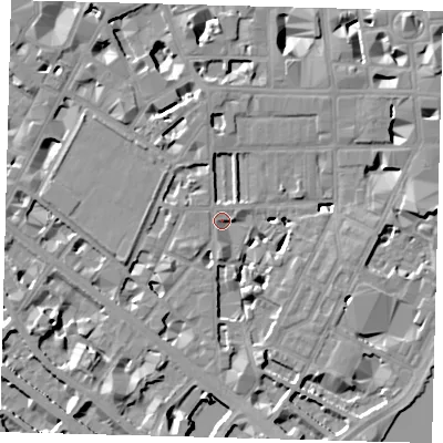 Shaded relief map of the ground around SW1P4AF, computed from Environment Agency LiDAR. The ground here sits at about 4 m above sea level and falls 9 m across the surrounding 800 m. Surface water reaching this point runs off ground lying to the south-south-east, 7.2 m higher.