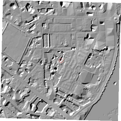 Shaded relief map of the ground around SW1P4AG, computed from Environment Agency LiDAR. The ground here sits at about 1 m above sea level and falls 9 m across the surrounding 800 m. Surface water reaching this point runs off ground lying to the south-south-east, 8.7 m higher.