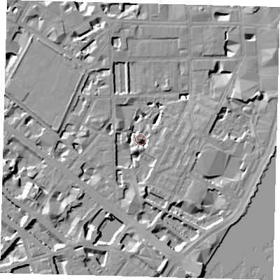 Shaded relief map of the ground around SW1P4AJ, computed from Environment Agency LiDAR. The ground here sits at about 3 m above sea level and falls 10 m across the surrounding 800 m. Surface water reaching this point runs off ground lying to the south-south-east, 9.6 m higher.