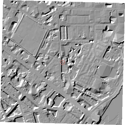 Shaded relief map of the ground around SW1P4AL, computed from Environment Agency LiDAR. The ground here sits at about 2 m above sea level and falls 10 m across the surrounding 800 m. Surface water reaching this point runs off ground lying to the south-south-east, 7.2 m higher.