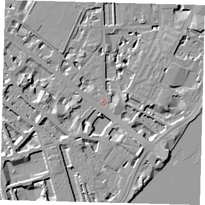 Shaded relief map of the ground around SW1P4AP, computed from Environment Agency LiDAR. The ground here sits at about 4 m above sea level and falls 10 m across the surrounding 800 m. Surface water reaching this point runs off ground lying to the east-south-east, 3.0 m higher.