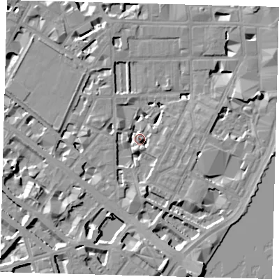 Shaded relief map of the ground around SW1P4AQ, computed from Environment Agency LiDAR. The ground here sits at about 3 m above sea level and falls 10 m across the surrounding 800 m. Surface water reaching this point runs off ground lying to the south-south-east, 9.6 m higher.