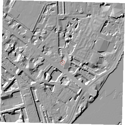 Shaded relief map of the ground around SW1P4AR, computed from Environment Agency LiDAR. The ground here sits at about 4 m above sea level and falls 10 m across the surrounding 800 m. Surface water reaching this point runs off ground lying to the east, 2.2 m higher.