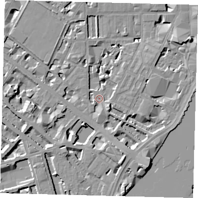 Shaded relief map of the ground around SW1P4AS, computed from Environment Agency LiDAR. The ground here sits at about 3 m above sea level and falls 10 m across the surrounding 800 m. Surface water reaching this point runs off ground lying to the south-east, 4.0 m higher.