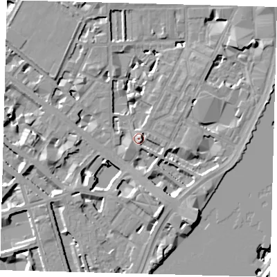 Shaded relief map of the ground around SW1P4AT, computed from Environment Agency LiDAR. The ground here sits at about 5 m above sea level and falls 14 m across the surrounding 800 m. Surface water reaching this point runs off ground lying to the south-south-east, 3.2 m higher.