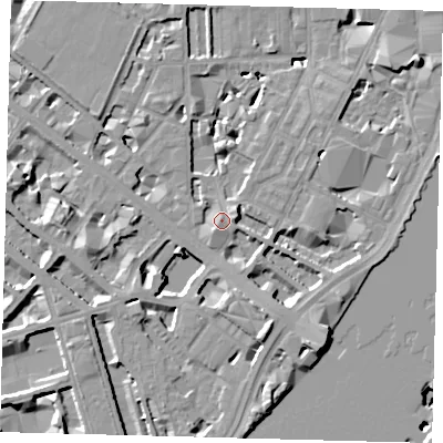 Shaded relief map of the ground around SW1P4AU, computed from Environment Agency LiDAR. The ground here sits at about 4 m above sea level and falls 12 m across the surrounding 800 m. Surface water reaching this point runs off ground lying to the south-south-west, 2.2 m higher.