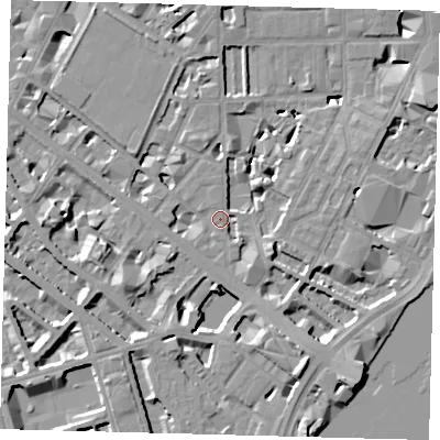 Shaded relief map of the ground around SW1P4AW, computed from Environment Agency LiDAR. The ground here sits at about 4 m above sea level and falls 10 m across the surrounding 800 m. Surface water reaching this point runs off ground lying to the south-south-east, 8.7 m higher.