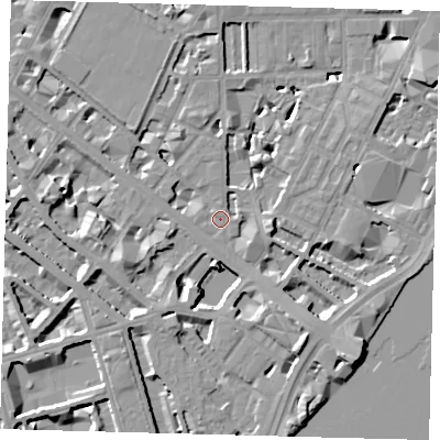 Shaded relief map of the ground around SW1P4AX, computed from Environment Agency LiDAR. The ground here sits at about 4 m above sea level and falls 10 m across the surrounding 800 m. Surface water reaching this point runs off ground lying to the west-south-west, 6.5 m higher.