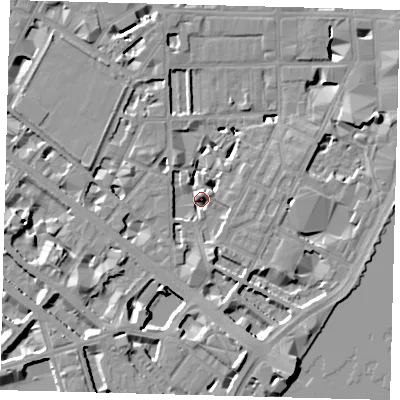 Shaded relief map of the ground around SW1P4AY, computed from Environment Agency LiDAR. The ground here sits at about 4 m above sea level and falls 10 m across the surrounding 800 m. Surface water reaching this point runs off ground lying to the south-south-east, 9.6 m higher.