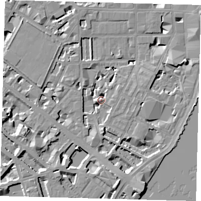 Shaded relief map of the ground around SW1P4AZ, computed from Environment Agency LiDAR. The ground here sits at about 4 m above sea level and falls 10 m across the surrounding 800 m. Surface water reaching this point runs off ground lying to the south-south-east, 9.6 m higher.