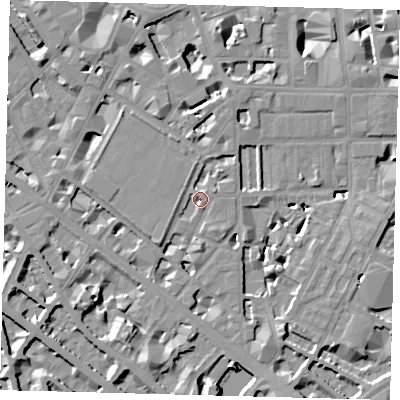 Shaded relief map of the ground around SW1P4BA, computed from Environment Agency LiDAR. The ground here sits at about 4 m above sea level and falls 9 m across the surrounding 800 m. Surface water reaching this point runs off ground lying to the east-north-east, 2.6 m higher.