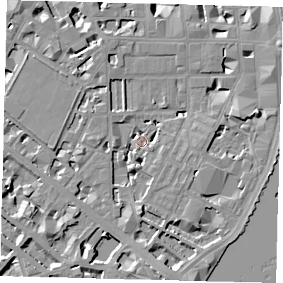 Shaded relief map of the ground around SW1P4BB, computed from Environment Agency LiDAR. The ground here sits at about 3 m above sea level and falls 9 m across the surrounding 800 m. Surface water reaching this point runs off ground lying to the south-south-east, 8.7 m higher.