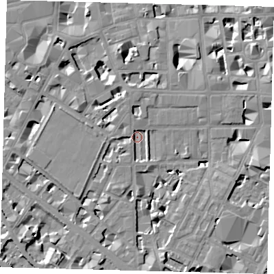 Shaded relief map of the ground around SW1P4BD, computed from Environment Agency LiDAR. The ground here sits at about 3 m above sea level and falls 8 m across the surrounding 800 m. Surface water reaching this point runs off ground lying to the north-north-west, 2.1 m higher.