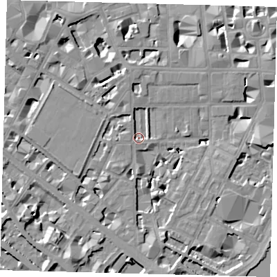 Shaded relief map of the ground around SW1P4BE, computed from Environment Agency LiDAR. The ground here sits at about 3 m above sea level and falls 9 m across the surrounding 800 m. Surface water reaching this point runs off ground lying to the north-north-west, 1.9 m higher.