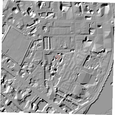 Shaded relief map of the ground around SW1P4BF, computed from Environment Agency LiDAR. The ground here sits at about 3 m above sea level and falls 9 m across the surrounding 800 m. Surface water reaching this point runs off ground lying to the west-south-west, 6.0 m higher.