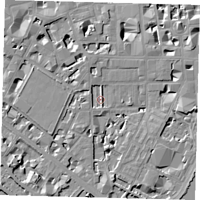 Shaded relief map of the ground around SW1P4BG, computed from Environment Agency LiDAR. The ground here sits at about 3 m above sea level and falls 9 m across the surrounding 800 m. Surface water reaching this point runs off ground lying to the south, 7.2 m higher.