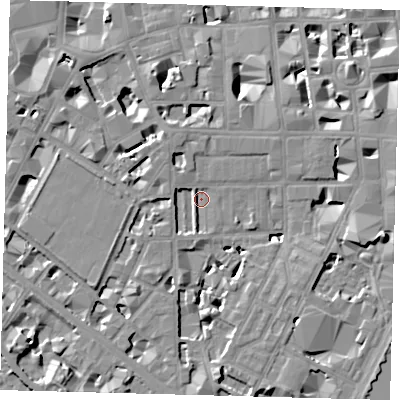 Shaded relief map of the ground around SW1P4BH, computed from Environment Agency LiDAR. The ground here sits at about 3 m above sea level and falls 8 m across the surrounding 800 m. Surface water reaching this point runs off ground lying to the east-south-east, 7.2 m higher.