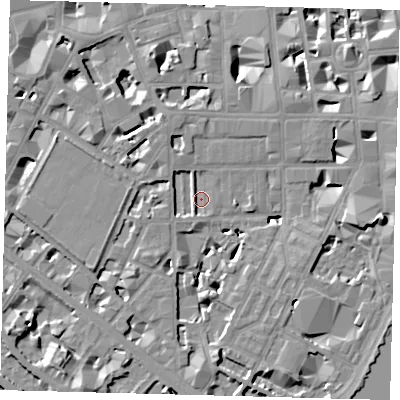 Shaded relief map of the ground around SW1P4BJ, computed from Environment Agency LiDAR. The ground here sits at about 3 m above sea level and falls 9 m across the surrounding 800 m. Surface water reaching this point runs off ground lying to the south-south-west, 6.0 m higher.