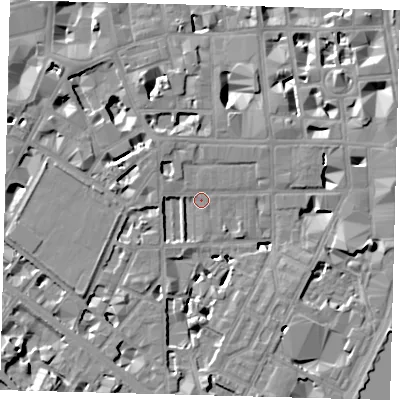 Shaded relief map of the ground around SW1P4BL, computed from Environment Agency LiDAR. The ground here sits at about 3 m above sea level and falls 8 m across the surrounding 800 m. Surface water reaching this point runs off ground lying to the north-west, 2.5 m higher.