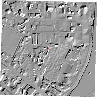 Shaded relief map of the ground around SW1P4BN, computed from Environment Agency LiDAR. The ground here sits at about 2 m above sea level and falls 9 m across the surrounding 800 m. Surface water reaching this point runs off ground lying to the east, 8.2 m higher.