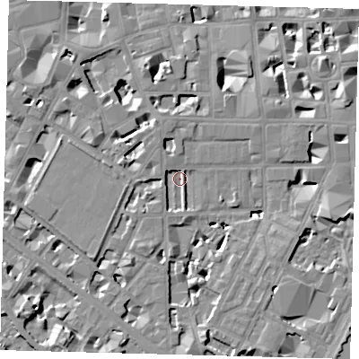 Shaded relief map of the ground around SW1P4BQ, computed from Environment Agency LiDAR. The ground here sits at about 3 m above sea level and falls 8 m across the surrounding 800 m. Surface water reaching this point runs off ground lying to the south, 7.2 m higher.