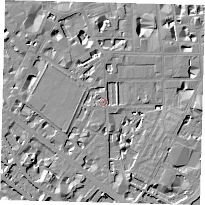 Shaded relief map of the ground around SW1P4BS, computed from Environment Agency LiDAR. The ground here sits at about 4 m above sea level and falls 9 m across the surrounding 800 m. Surface water reaching this point runs off ground lying to the north-north-east, 1.9 m higher.