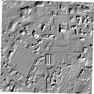 Shaded relief map of the ground around SW1P4BU, computed from Environment Agency LiDAR. The ground here sits at about 3 m above sea level and falls 8 m across the surrounding 800 m. Surface water reaching this point runs off ground lying to the north-west, 2.4 m higher.